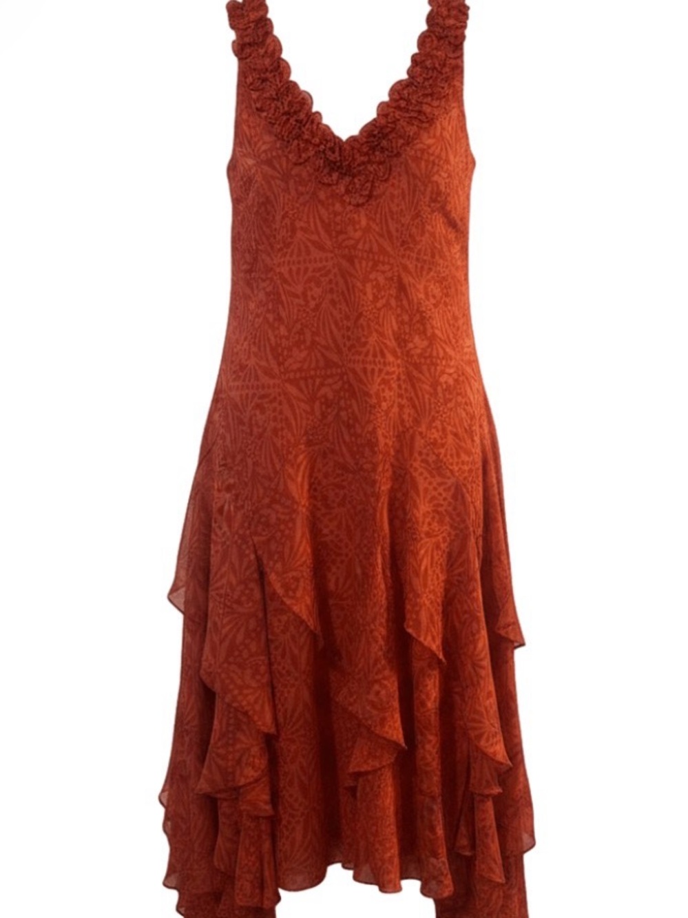 Orange Ruffled V-Neck Tiered Dress with Florette Accents perfect for Date Nights